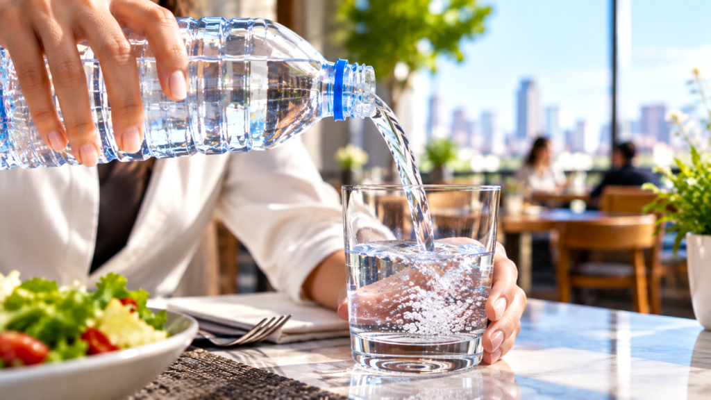 Agua servida desde una botella sin marca a un vaso; imagen referencial de agua de consumo.